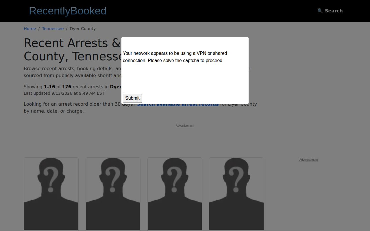 Unofficial Dyer County thirty-day arrest log window