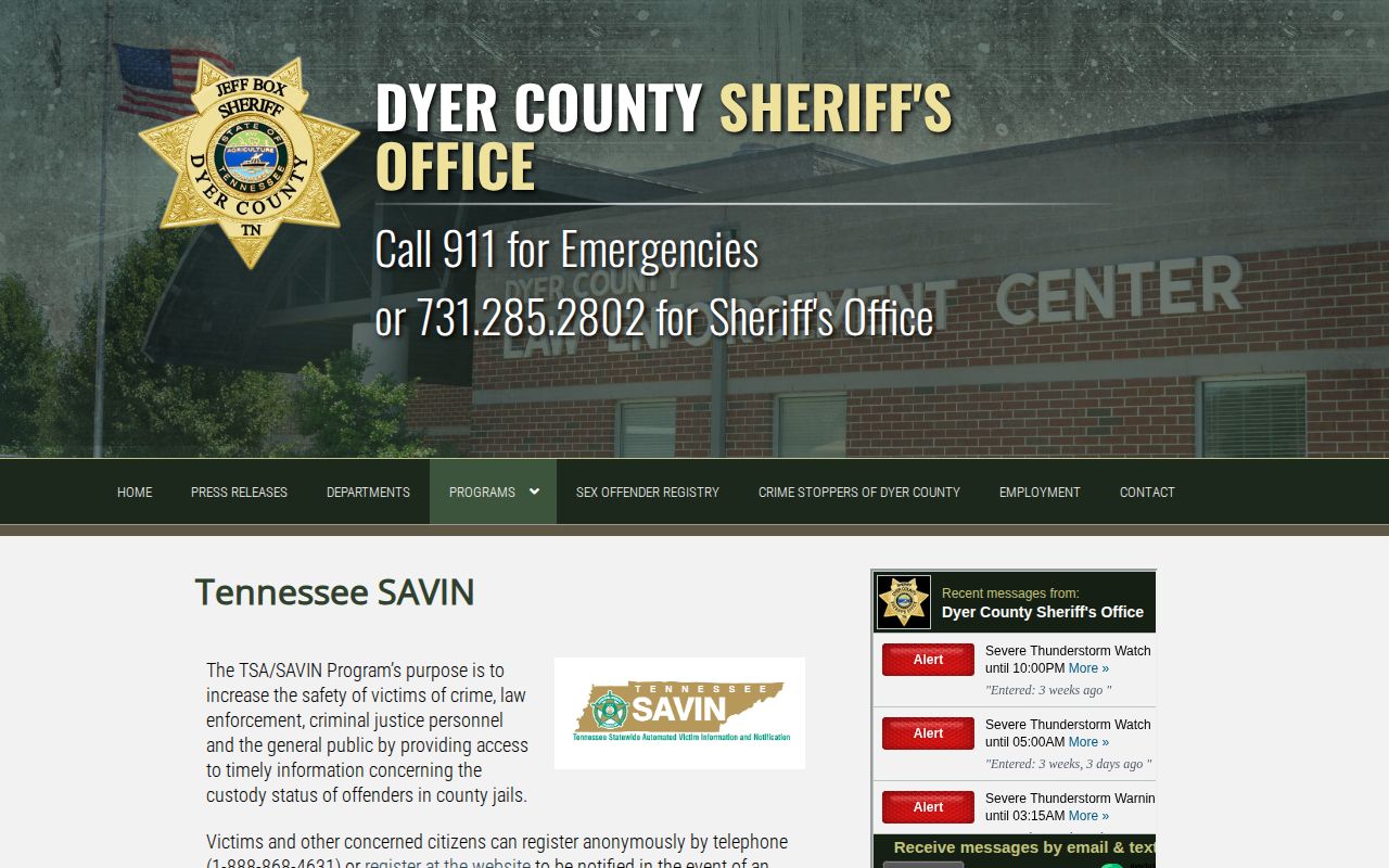 Dyer County Tennessee SAVIN custody alert information