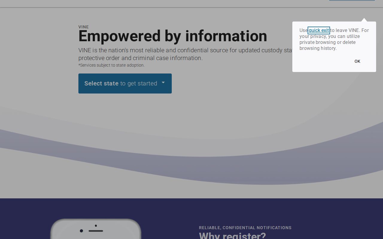 VINELink notification registration choices and PIN guidance for Dyer County